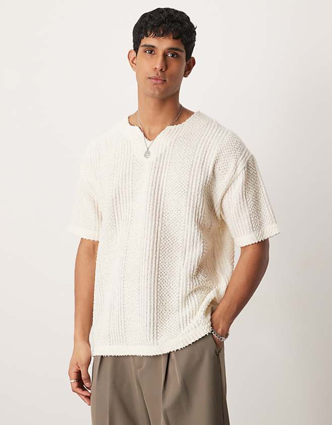 asos ASOS DESIGN oversized textured v neck t-shirt in neutral
