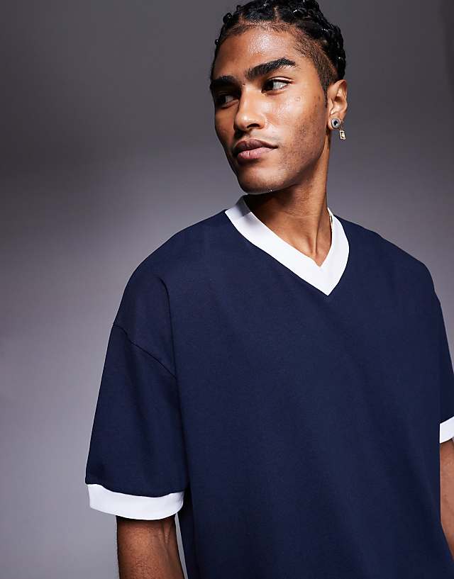 Asos ASOS DESIGN Oversized V Neck T-shirt With Contrast Binding In Navy