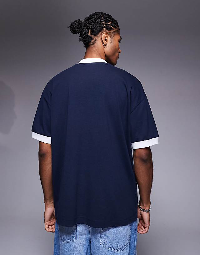 Asos ASOS DESIGN Oversized V Neck T-shirt With Contrast Binding In Navy