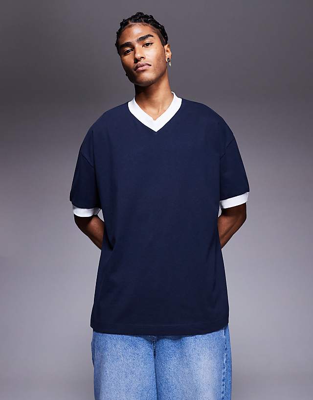 asos ASOS DESIGN oversized v neck t-shirt with contrast binding in navy
