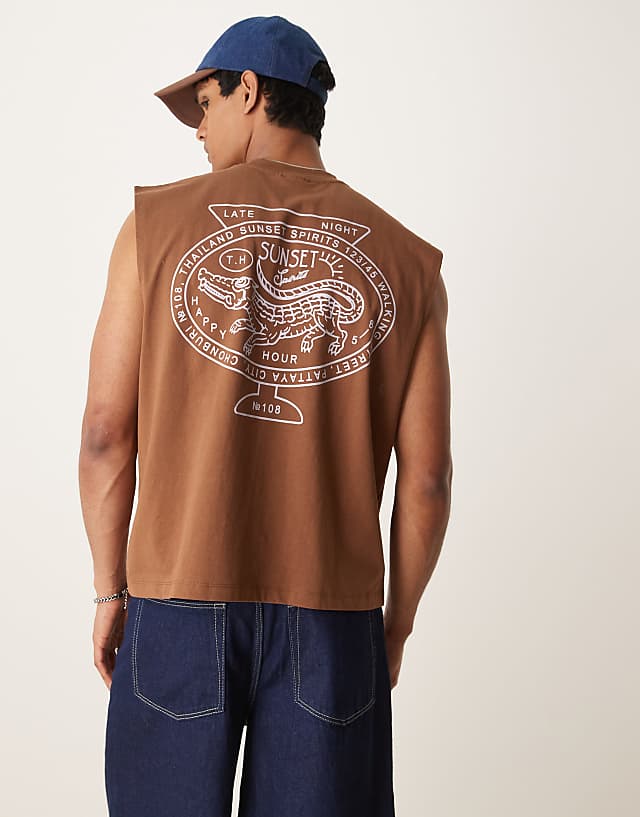 asos ASOS DESIGN oversized vest with back city graphic in brown