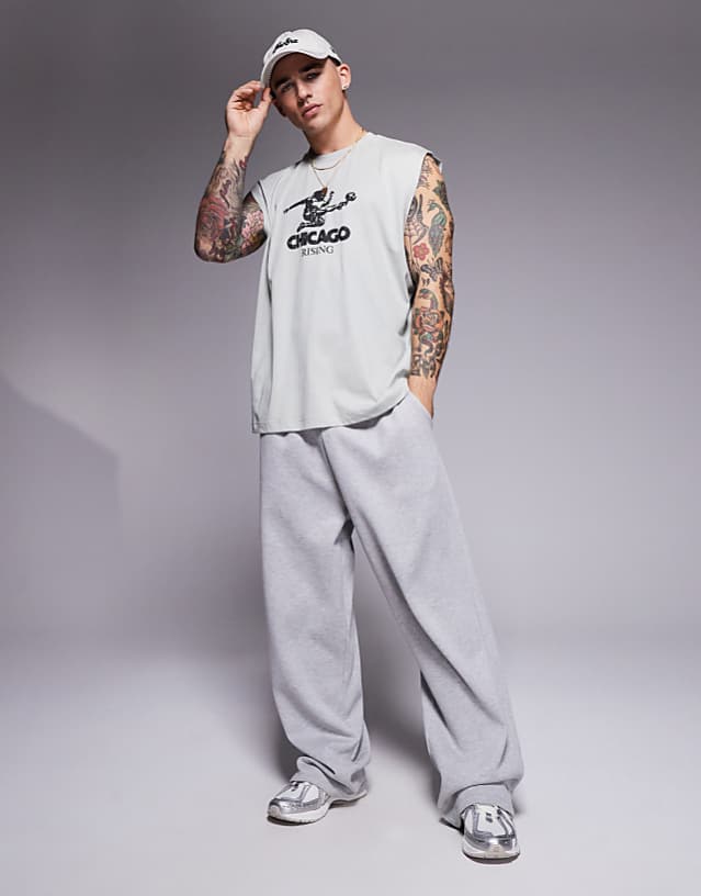 Asos ASOS DESIGN Oversized Vest With Front Sports Graphic In Light Grey