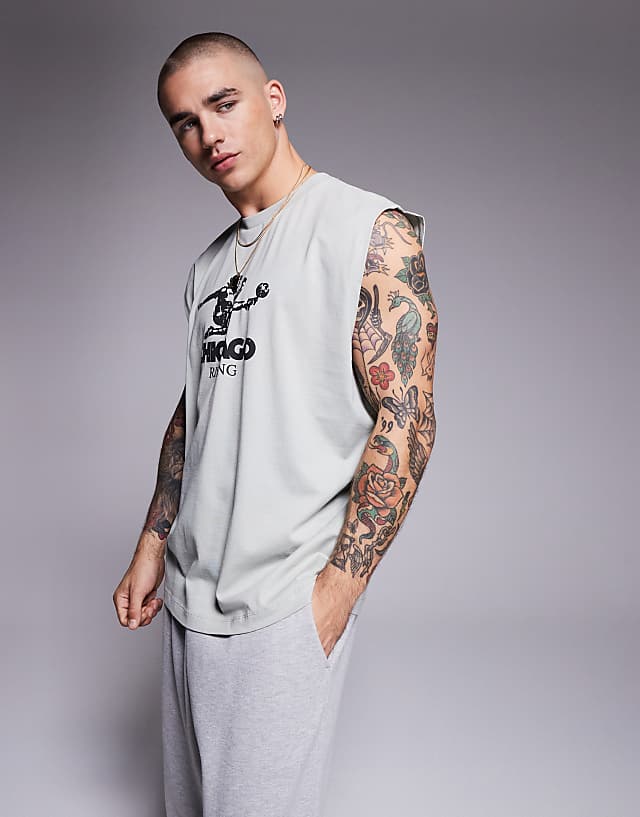 Asos ASOS DESIGN Oversized Vest With Front Sports Graphic In Light Grey