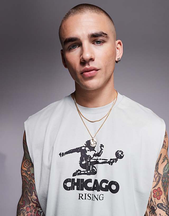 asos ASOS DESIGN oversized vest with front sports graphic in light grey