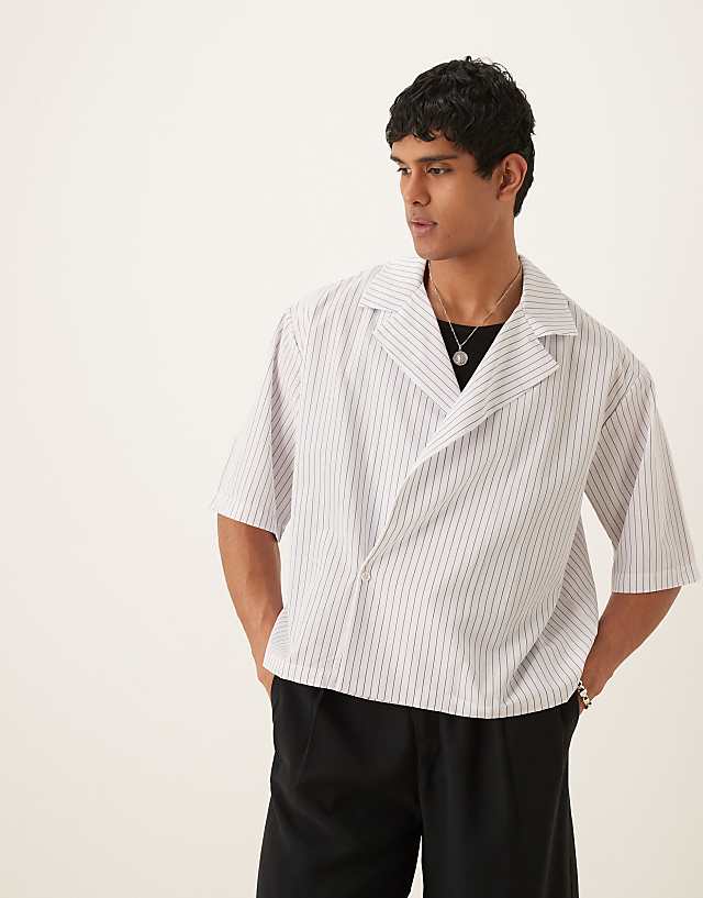 asos ASOS DESIGN oversized wrap detail pinstripe shirt in white