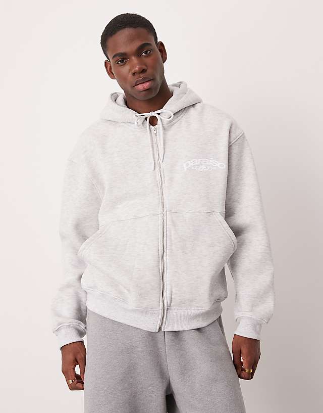 Asos ASOS DESIGN Oversized Zip Through Hoodie With Print Detail In Grey Marl