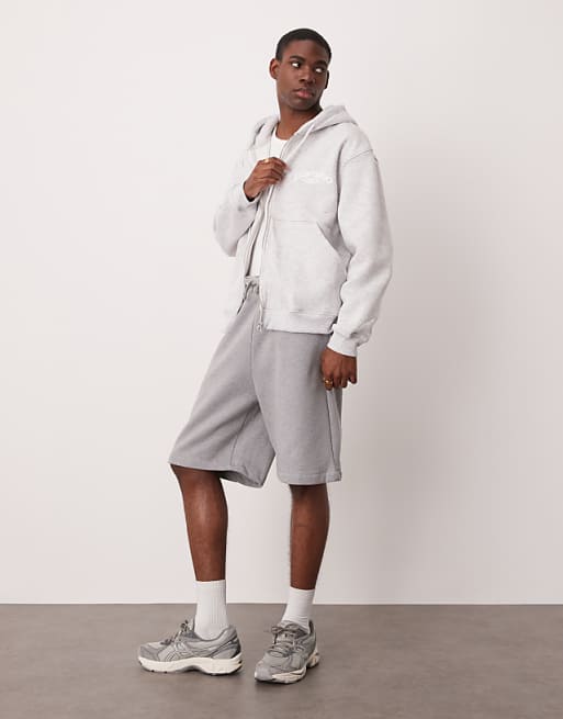 Asos ASOS DESIGN Oversized Zip Through Hoodie With Print Detail In Grey Marl