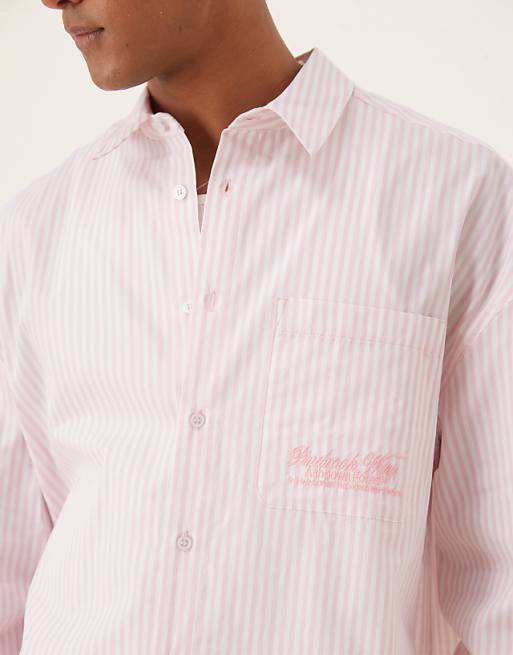 Asos ASOS DESIGN Overszied Long Sleeve Shirt With Embrodery In Pink Stripe