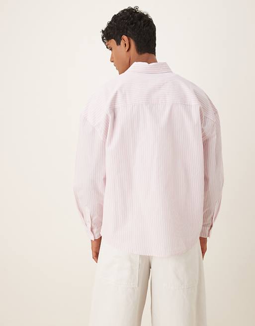 Asos ASOS DESIGN Overszied Long Sleeve Shirt With Embrodery In Pink Stripe