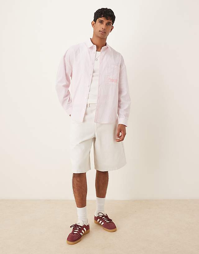 Asos ASOS DESIGN Overszied Long Sleeve Shirt With Embrodery In Pink Stripe