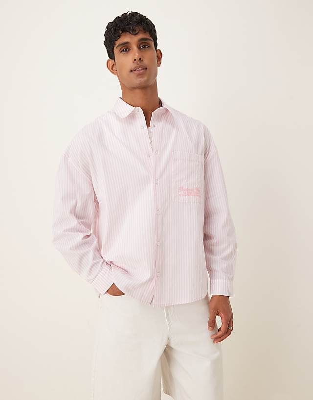 asos ASOS DESIGN overszied long sleeve shirt with embrodery in pink stripe