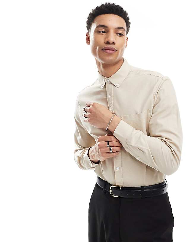asos ASOS DESIGN oxford regular shirt in light stone