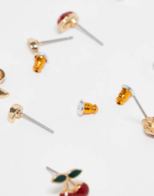 Asos ASOS DESIGN Pack Of 3 Stud Earrings With Enamel Fruit Detail In Multi