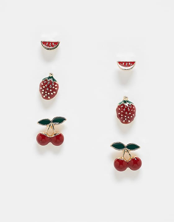 asos ASOS DESIGN pack of 3 stud earrings with enamel fruit detail in multi