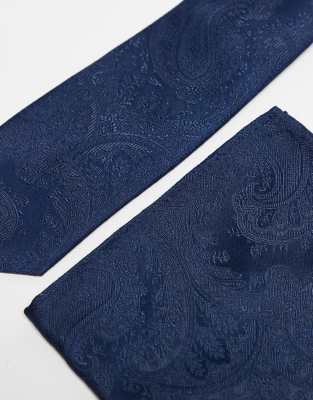 Asos ASOS DESIGN Paisley Tie And Pocket Square In Navy