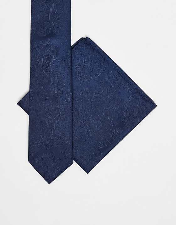 asos ASOS DESIGN paisley tie and pocket square in navy