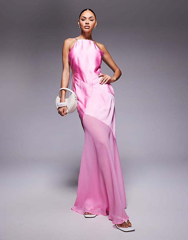 asos ASOS DESIGN panelled satin maxi dress with chiffon skirt in pink