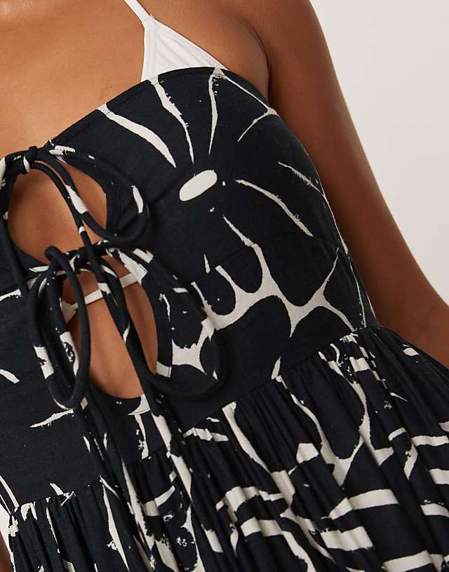 Asos ASOS DESIGN Petite Bandeau Lace Up Maxi Beach Dress With Linen In Mono Floral