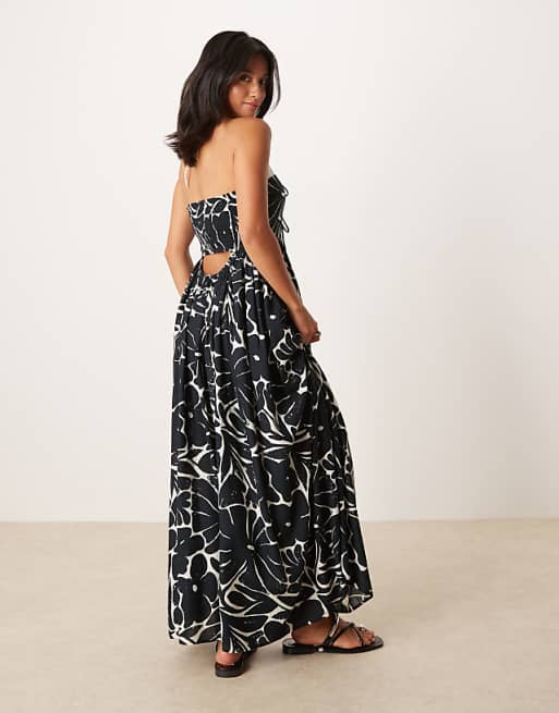 Asos ASOS DESIGN Petite Bandeau Lace Up Maxi Beach Dress With Linen In Mono Floral