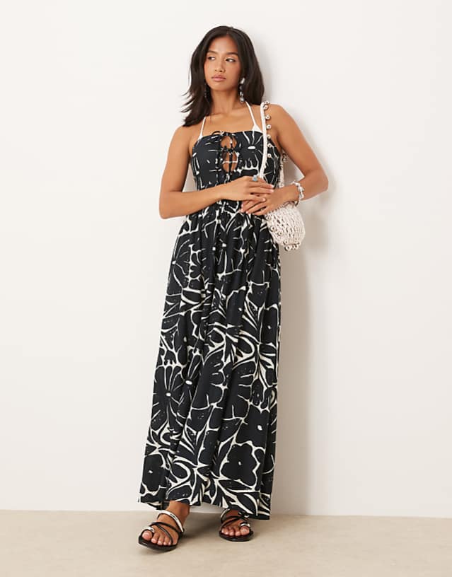 asos ASOS DESIGN Petite bandeau lace up maxi beach dress with linen in mono floral