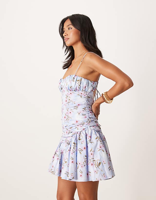 Asos ASOS DESIGN Petite Cami Ruched Bust Full Skirt Mini Dress In Blue Floral Print