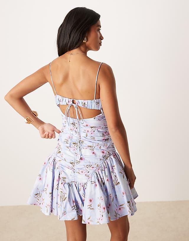Asos ASOS DESIGN Petite Cami Ruched Bust Full Skirt Mini Dress In Blue Floral Print