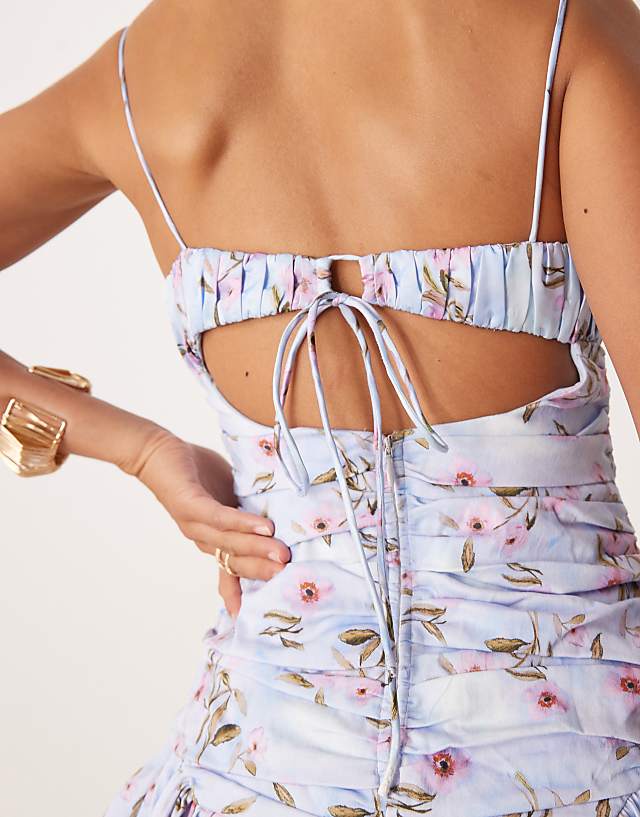 Asos ASOS DESIGN Petite Cami Ruched Bust Full Skirt Mini Dress In Blue Floral Print