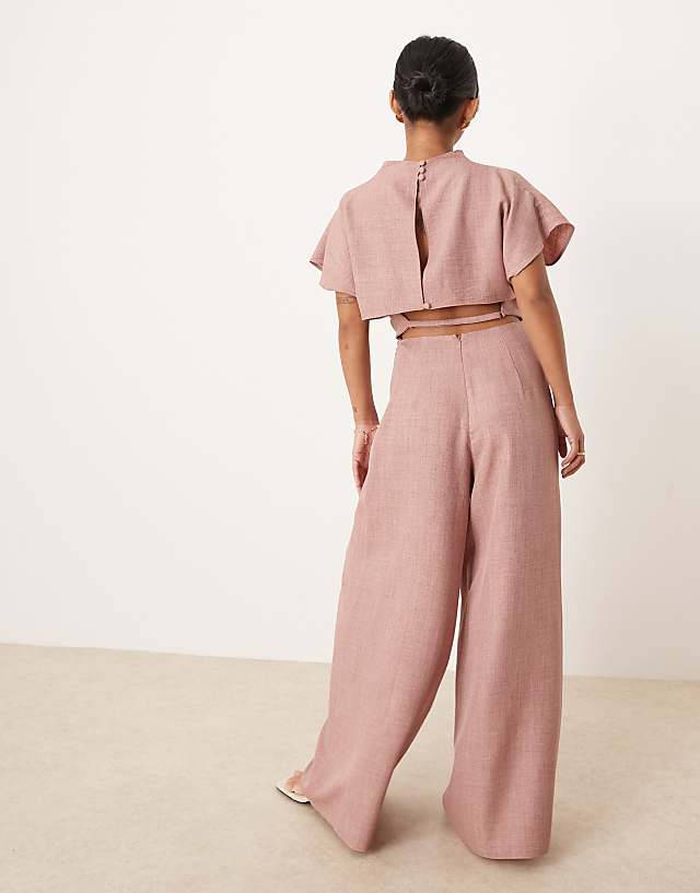 Asos ASOS DESIGN Petite Linen Look Open Back And Ruched Detail Jumpsuit In Blush