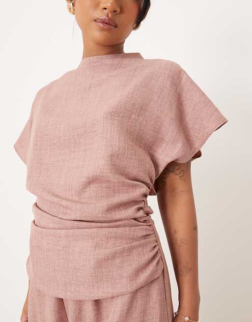 Asos ASOS DESIGN Petite Linen Look Open Back And Ruched Detail Jumpsuit In Blush