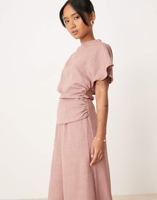 Asos ASOS DESIGN Petite Linen Look Open Back And Ruched Detail Jumpsuit In Blush