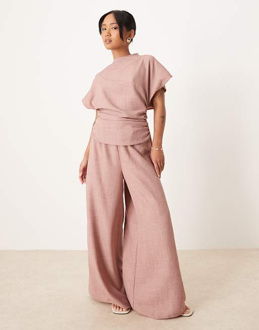 asos ASOS DESIGN Petite linen look open back and ruched detail jumpsuit in blush
