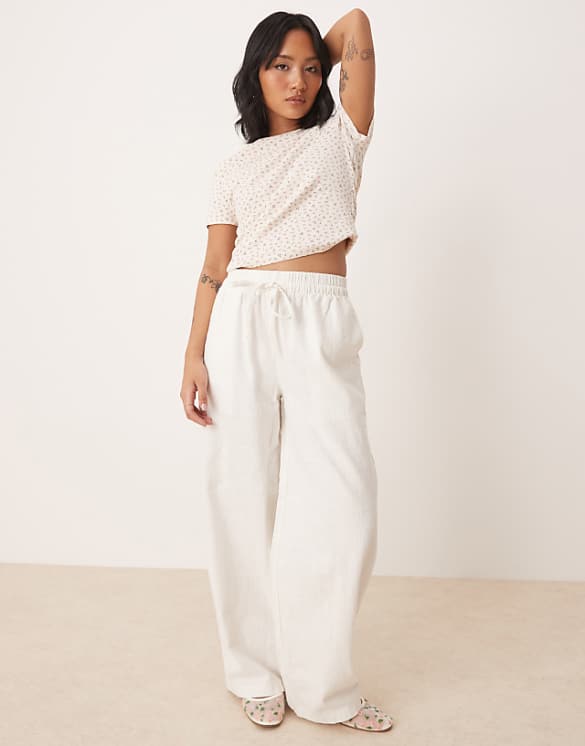 asos ASOS DESIGN Petite linen look pull on trouser in off white