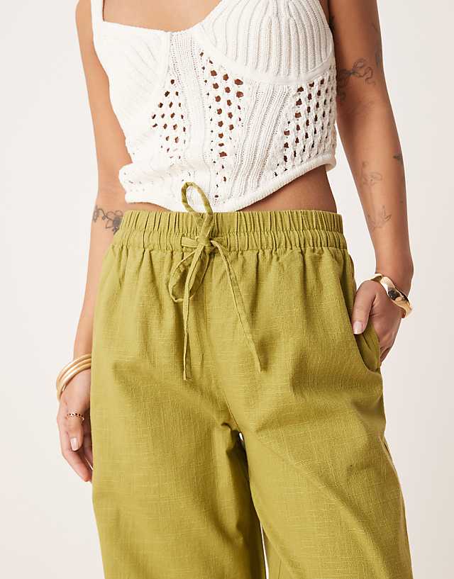 Asos ASOS DESIGN Petite Linen Look Pull On Trousers In Olive