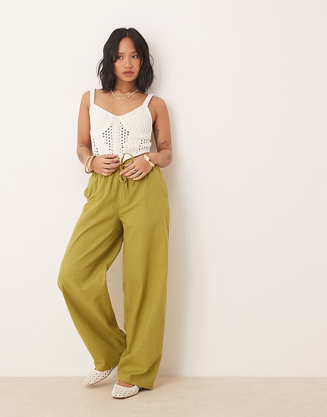 Asos ASOS DESIGN Petite Linen Look Pull On Trousers In Olive