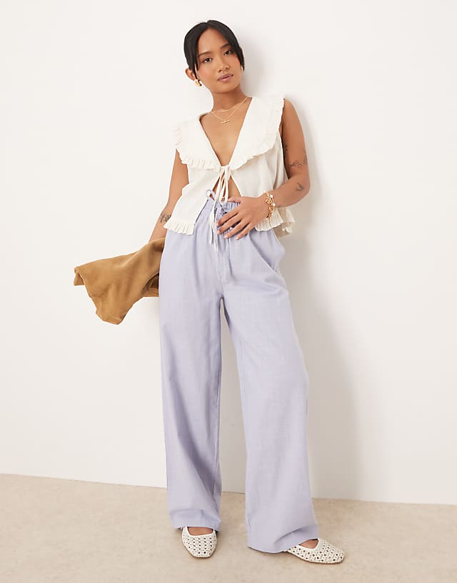 asos ASOS DESIGN Petite linen look pull on trousers in blue