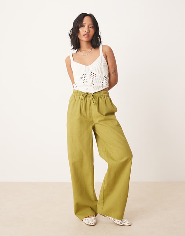 asos ASOS DESIGN Petite linen look pull on trousers in olive