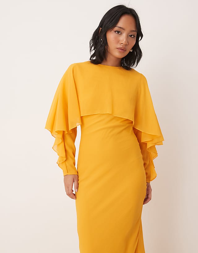 Asos ASOS DESIGN Petite Long Sleeve Ruffle Bias Maxi Dress With Cape Detail In Orange