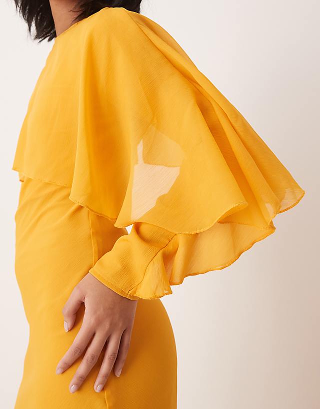 Asos ASOS DESIGN Petite Long Sleeve Ruffle Bias Maxi Dress With Cape Detail In Orange