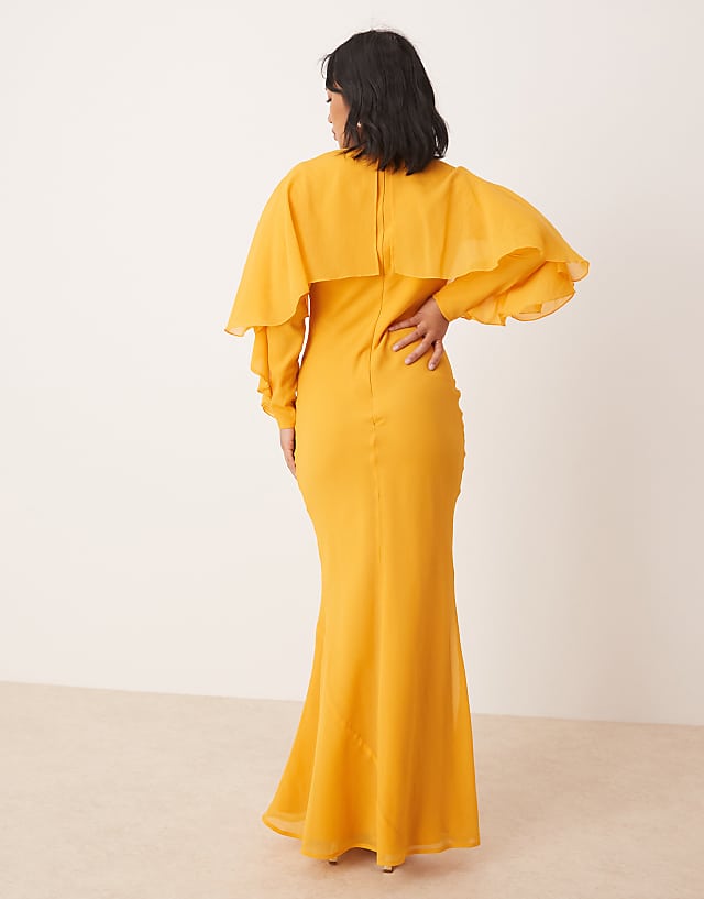Asos ASOS DESIGN Petite Long Sleeve Ruffle Bias Maxi Dress With Cape Detail In Orange