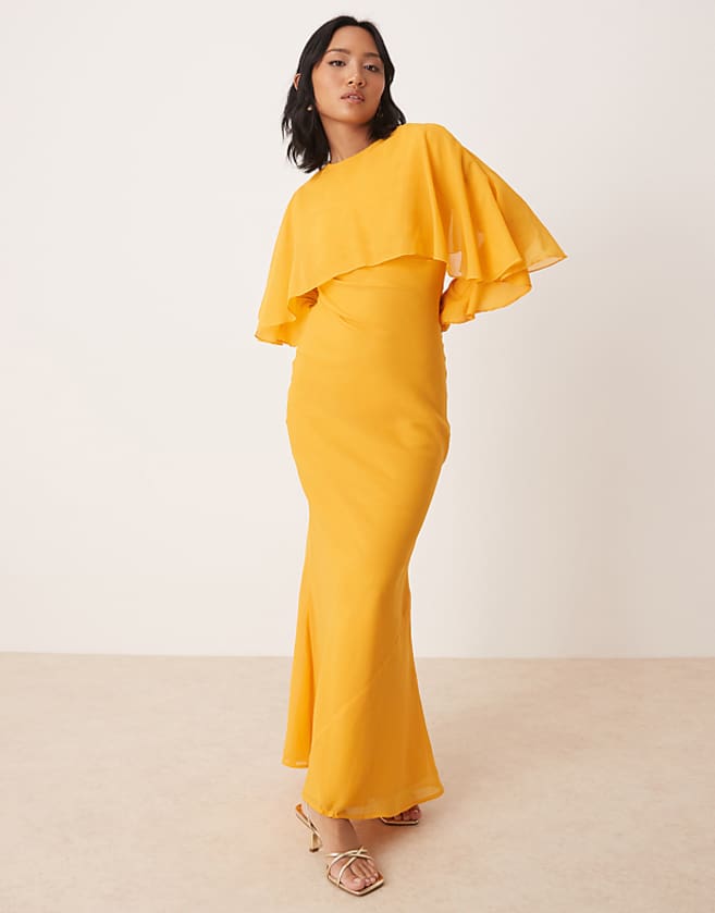asos ASOS DESIGN Petite long sleeve ruffle bias maxi dress with cape detail in orange