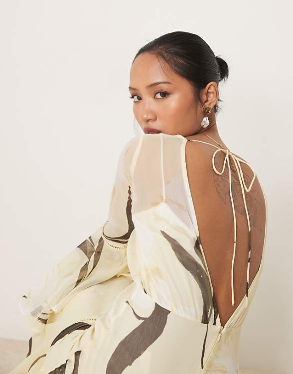 Asos ASOS DESIGN Petite Plunge Ruffle Tiered Maxi Dress With Lace Inserts In Lemon Floral Print