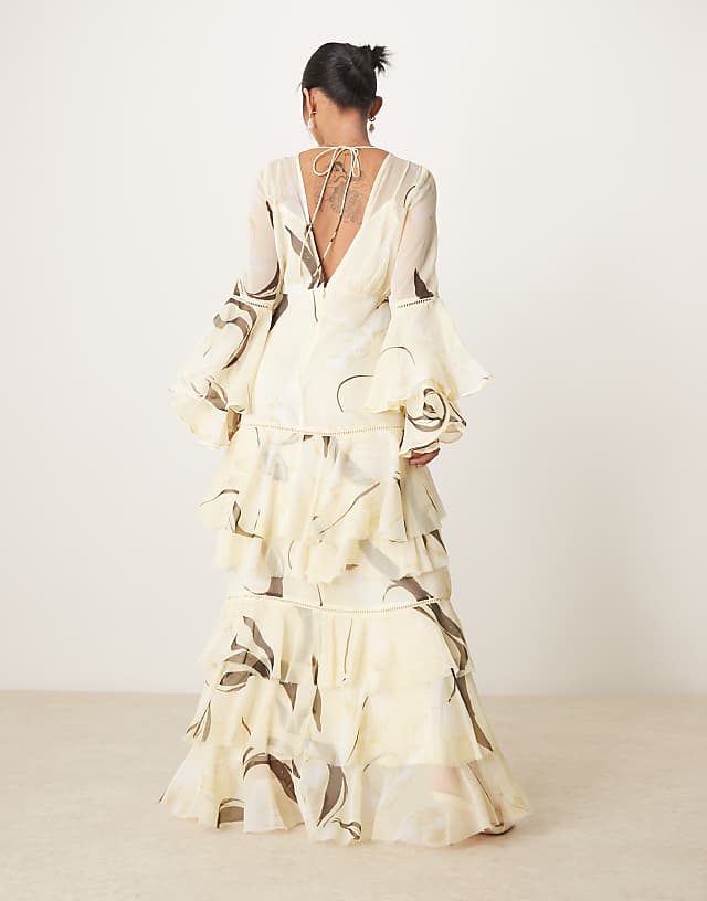 Asos ASOS DESIGN Petite Plunge Ruffle Tiered Maxi Dress With Lace Inserts In Lemon Floral Print