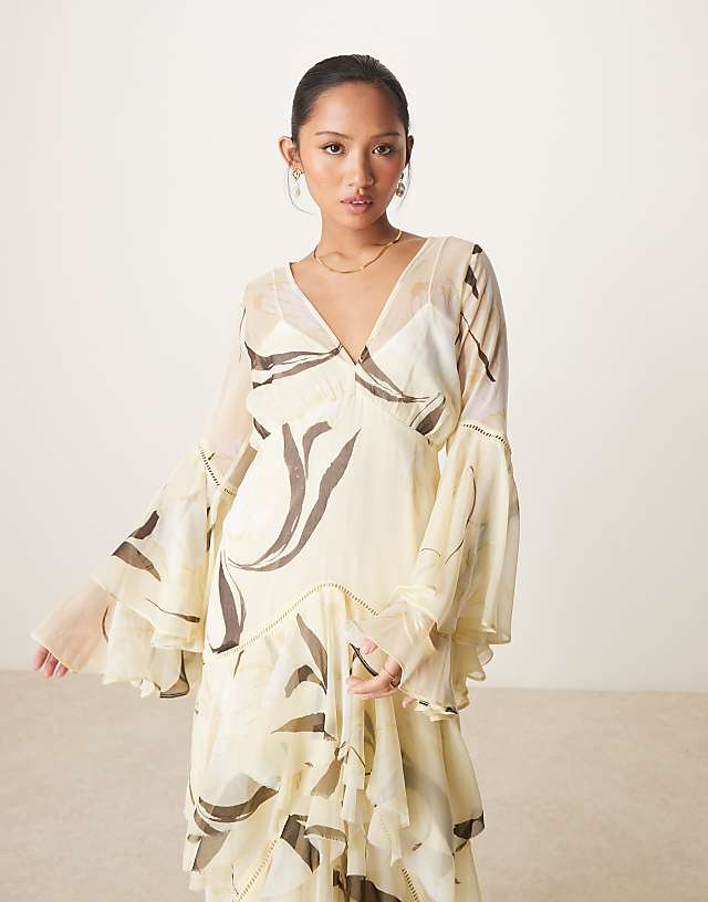 Asos ASOS DESIGN Petite Plunge Ruffle Tiered Maxi Dress With Lace Inserts In Lemon Floral Print
