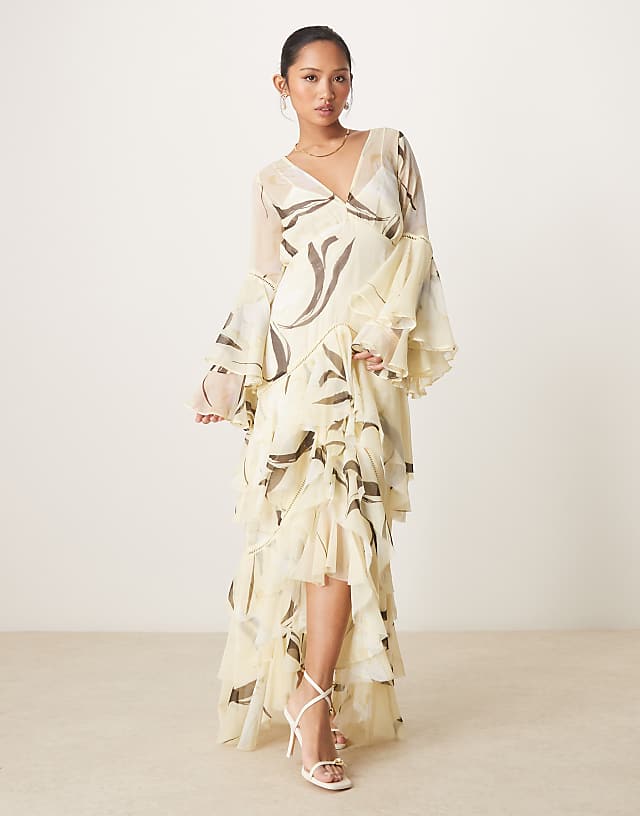 asos ASOS DESIGN Petite plunge ruffle tiered maxi dress with lace inserts in lemon floral print
