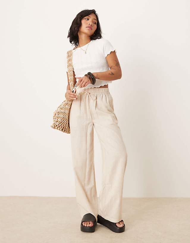 asos ASOS DESIGN Petite pull on trousers with linen in stone