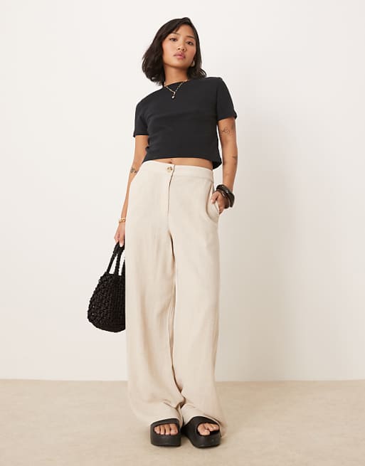 Asos ASOS DESIGN Petite Relaxed Straight Leg Trousers With Linen In Natural