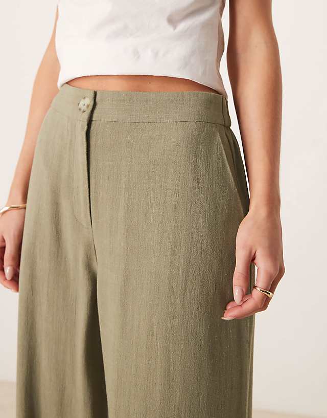 Asos ASOS DESIGN Petite Relaxed Straight Leg Trousers With Linen In Khaki