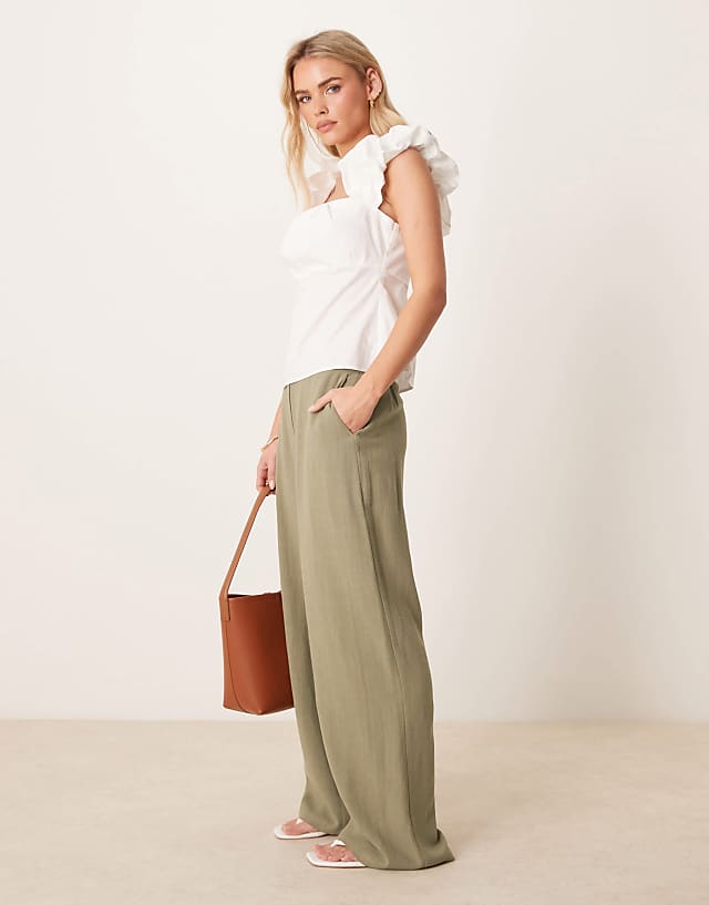 Asos ASOS DESIGN Petite Relaxed Straight Leg Trousers With Linen In Khaki