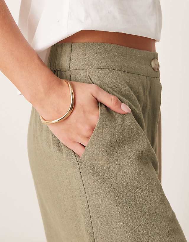Asos ASOS DESIGN Petite Relaxed Straight Leg Trousers With Linen In Khaki