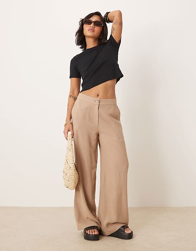 asos ASOS DESIGN Petite relaxed straight leg trousers with linen in mocha